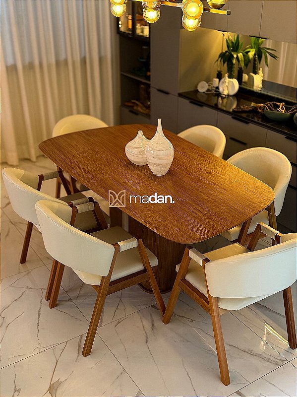 CONJUNTO MESA ORGÂNICA C/ BASE RIPADA 180X100 + 6 CADEIRAS AGATHA CREME
