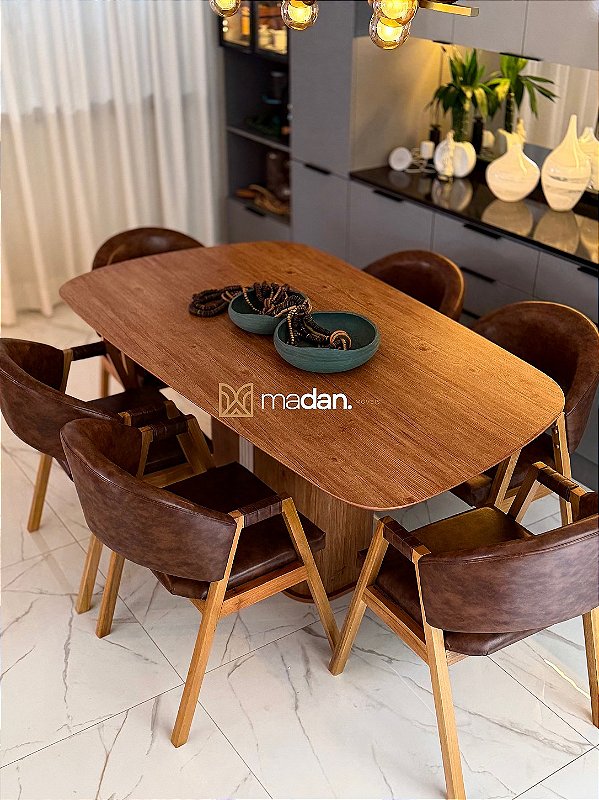 CONJUNTO MESA ORGÂNICA C/ BASE RIPADA 180X100 + 6 CADEIRAS AGATHA MARROM