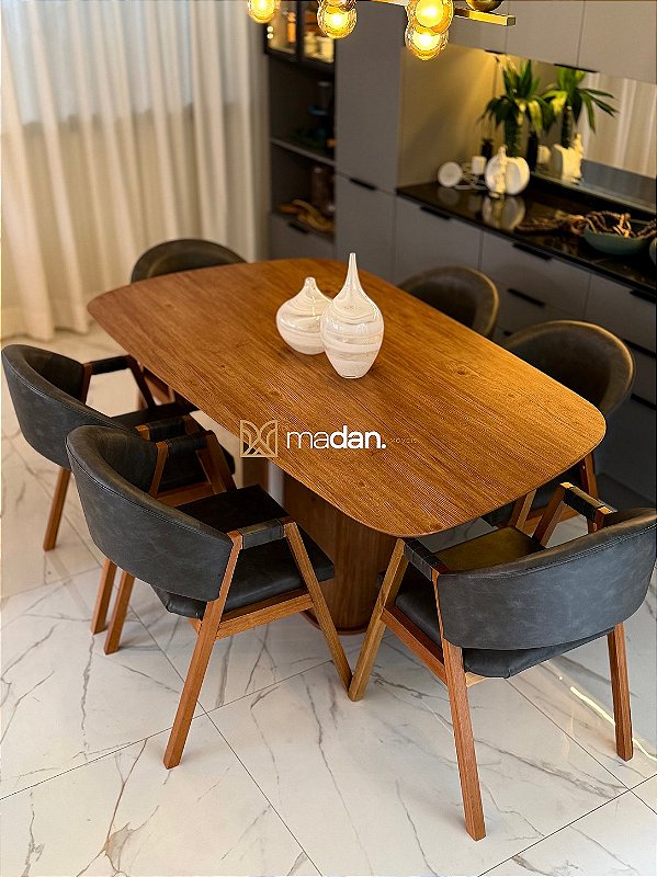 CONJUNTO MESA ORGÂNICA C/ BASE RIPADA 180X100 + 6 CADEIRAS AGATHA CINZA