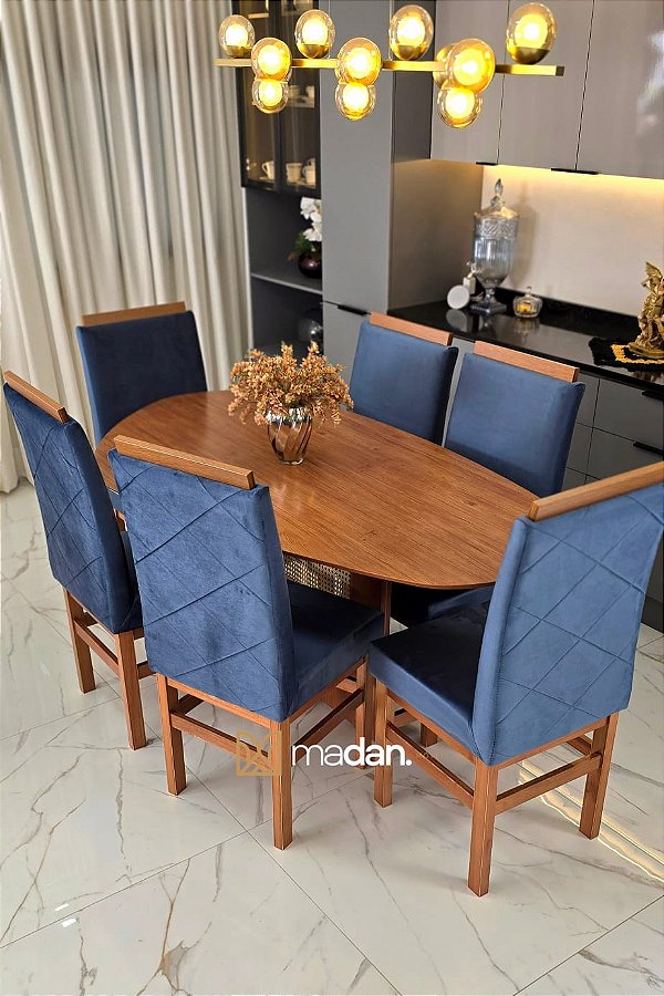 CONJUNTO MESA ORGANICA 180X100 + 6 CADEIRAS MODELO 19 AZUL ROYAL