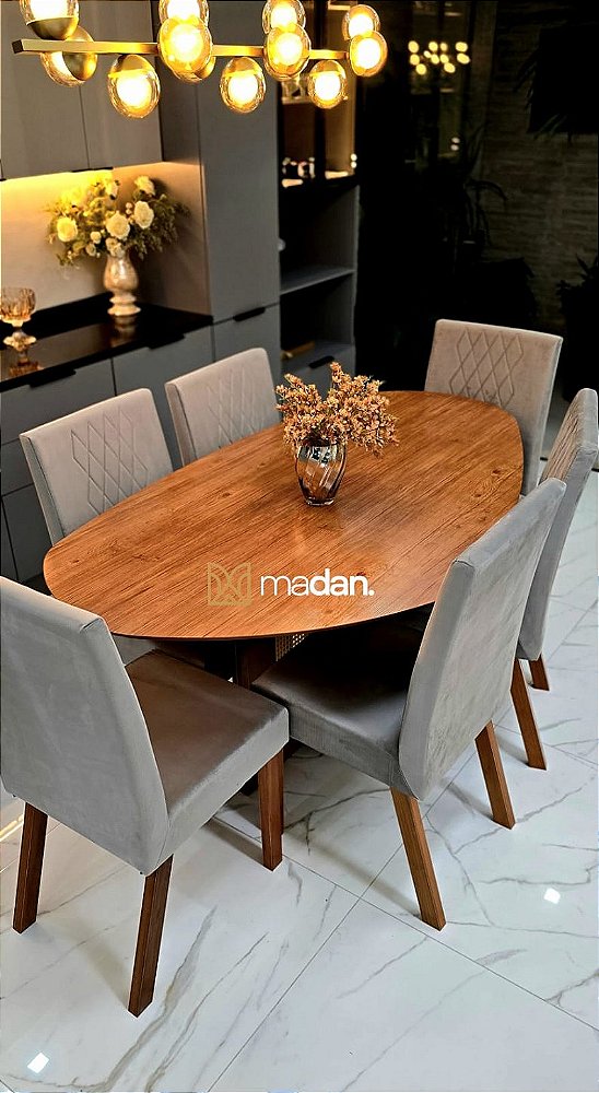 CONJUNTO MESA ORGANICA 180X100 + 6 CADEIRAS MODELO 25 CINZA