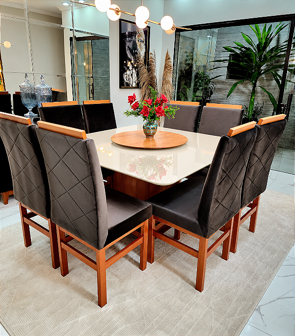 CONJUNTO MESA MARK 130X130 NOGUEIRA + 8 CADEIRAS MARK MODELO 19 MARROM