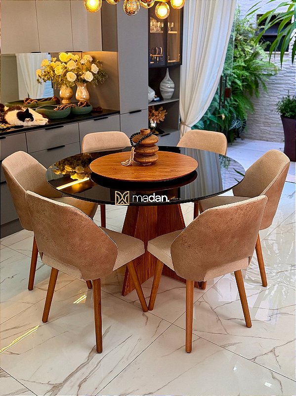CONJUNTO MESA MARK REDONDA 130m + 6 CADEIRAS MARK MODELO 30 CREME + PRATO GIRATORIO
