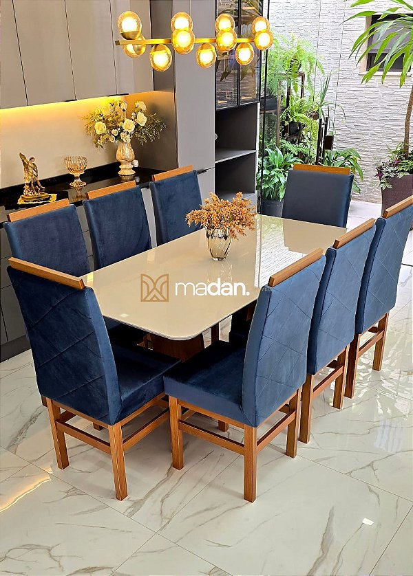 CONJUNTO MESA MARK 180X090 + 8 CADEIRAS MARK MODELO 19 AZUL ROYAL