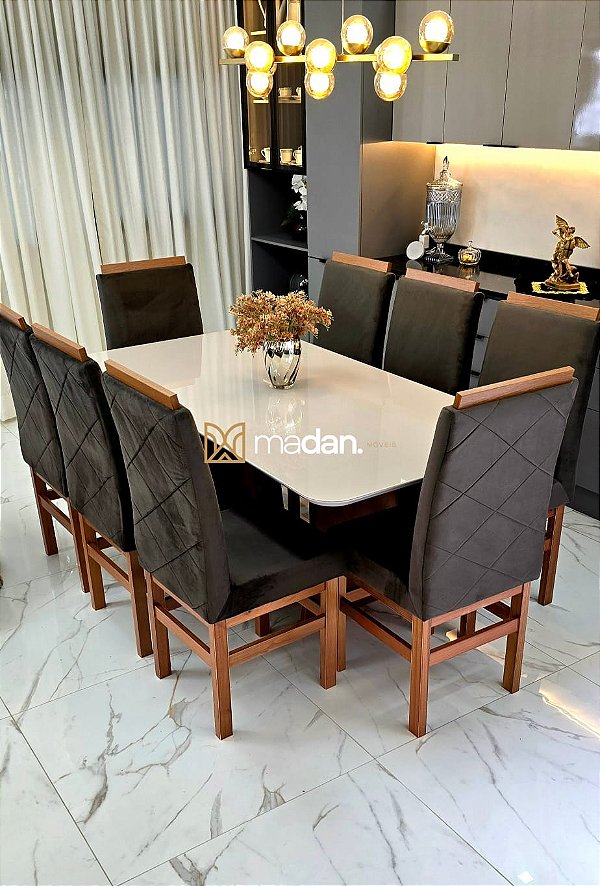 CONJUNTO MESA MARK 180X090 + 8 CADEIRAS MARK MODELO 19 MARROM