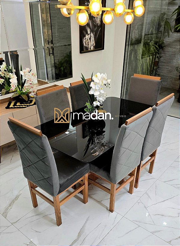 CONJUNTO MESA MARK 160X090 NOGUEIRA + 6 CADEIRAS MODELO 19 GRAFITE