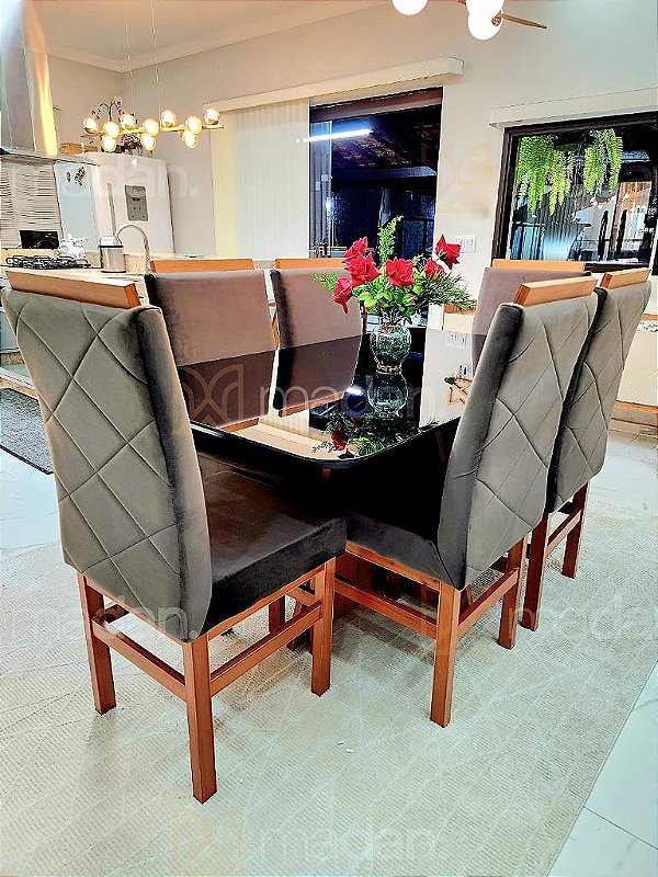 CONJUNTO MESA MARK 160X090 NOGUEIRA + 6 CADEIRAS MODELO 19 MARROM