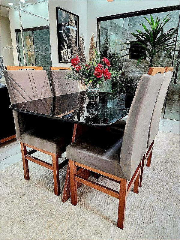 CONJUNTO MESA MARK 120X090 NOGUEIRA + 4 CADEIRAS MARK MODELO 18 CINZA