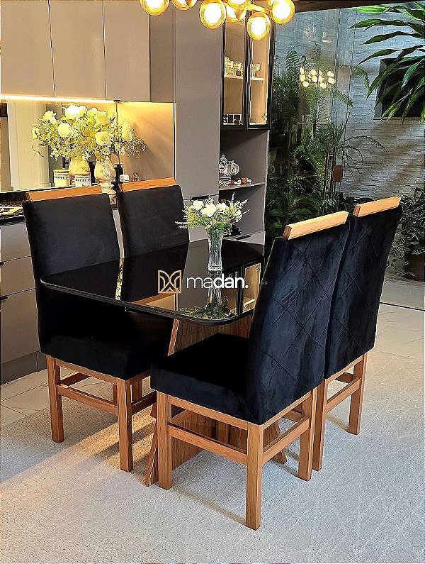 CONJUNTO MESA MARK 120X090 NOGUEIRA + 4 CADEIRAS MARK MODELO 19 PRETO