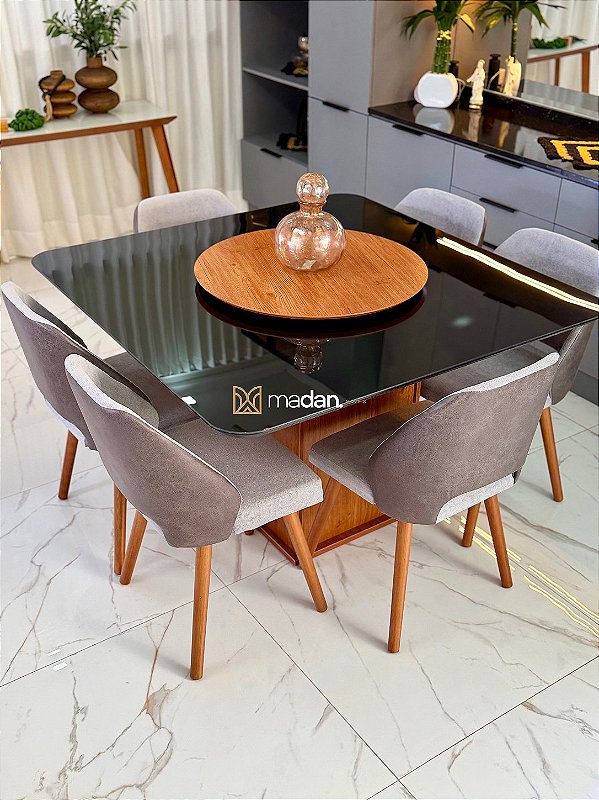 MESA MARK QUADRADA 130X130 + 6 CADEIRAS MARK 30 CINZA + PRATO GIRATORIO