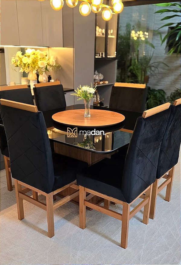 CONJUNTO MESA MARK 130X130 CANELA + 6 CADEIRAS MODELO 19 PRETO + PRATO GIRATÓRIO