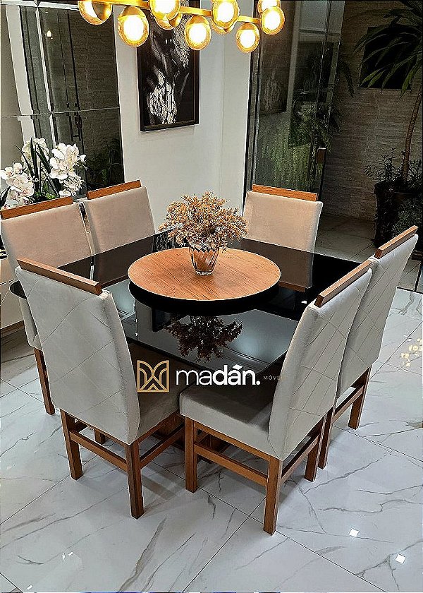 CONJUNTO MESA MARK 130X130 CANELA + 6 CADEIRAS MODELO 19 PALHA + PRATO GIRATÓRIO