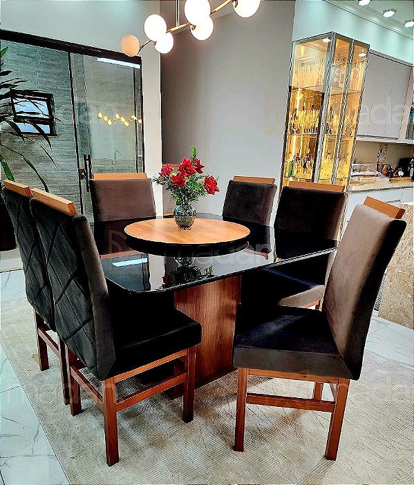 CONJUNTO MESA MARK 130X130 CANELA + 6 CADEIRAS MODELO 19 MARROM + PRATO GIRATÓRIO