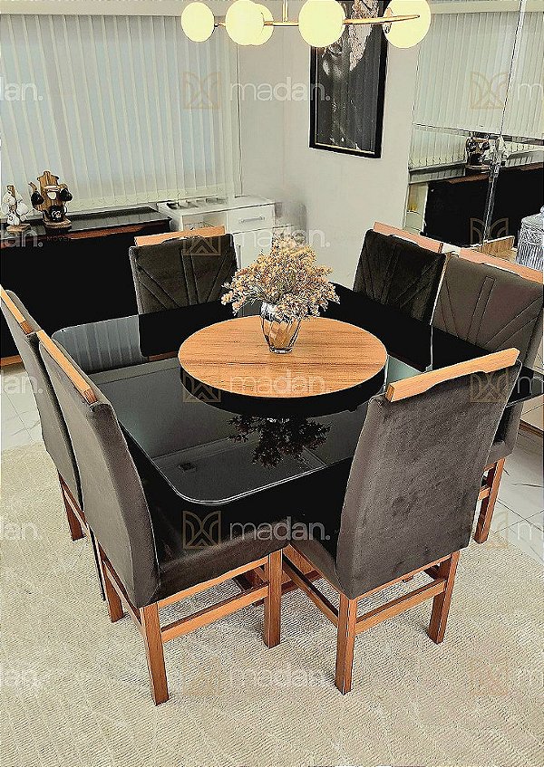 CONJUNTO MESA MARK 130X130 NOGUEIRA + 6 CADEIRAS MARK MODELO 18 MARROM