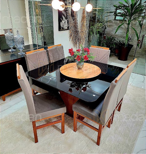 CONJUNTO MESA MARK 130X130 NOGUEIRA + 6 CADEIRAS MARK MODELO 18 CINZA
