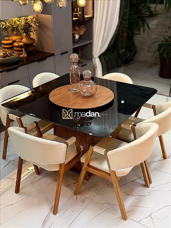 CONJUNTO MESA MARK 130X130 + 6 CADEIRAS AGATHA CREME + PRATO GIRATÓRIO