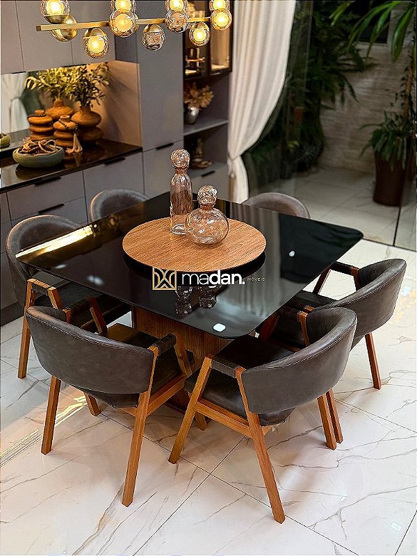 CONJUNTO MESA MARK 130X130 + 6 CADEIRAS AGATHA CINZA + PRATO GIRATÓRIO
