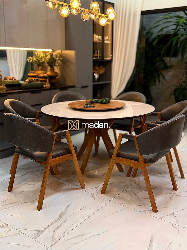 CONJUNTO MESA REDONDA AMÉLIA 135m + 6 CADEIRAS AGATHA CINZA + PRATO GIRATÓRIO