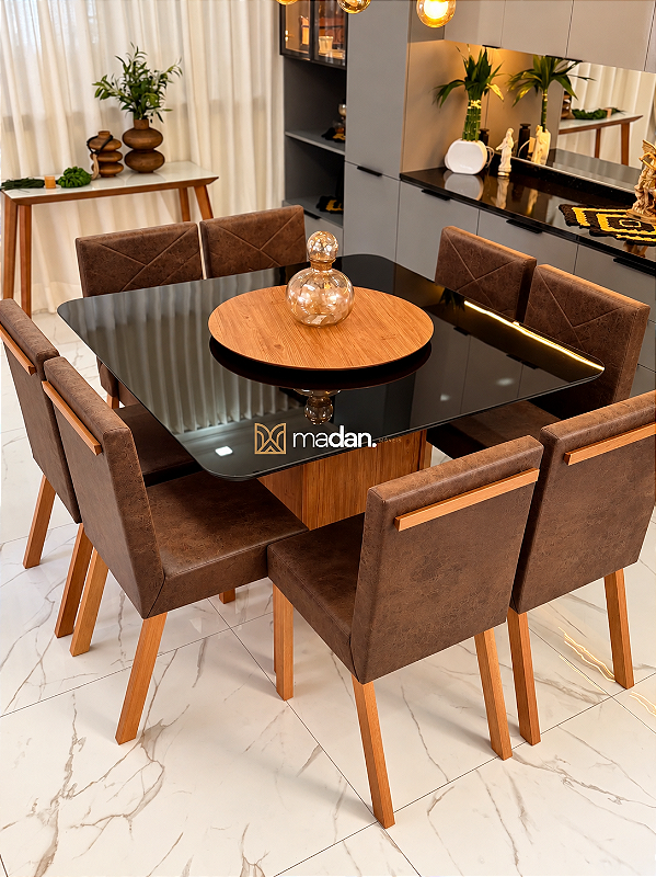 CONJUNTO MESA MARK QUADRADA 130X130 + 8 CADEIRAS MARK 32 MARROM + PRATO GIRATORIO