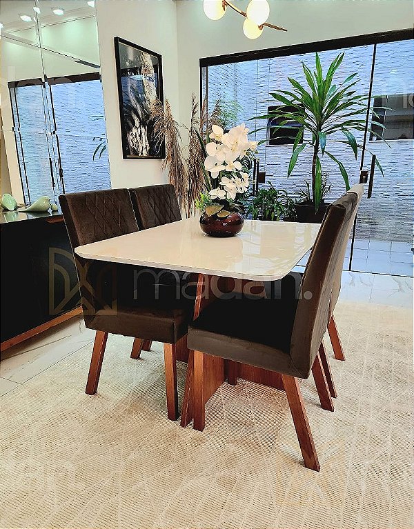 CONJUNTO MESA MARK 120X090 NOGUEIRA + 4 CADEIRAS MARK MODELO 25 MARROM