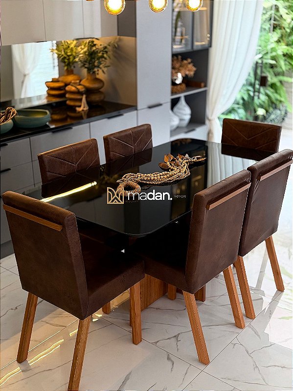 CONJUNTO MESA MARK 160X090 + 6 CADEIRAS MARK MODELO 32 MARROM
