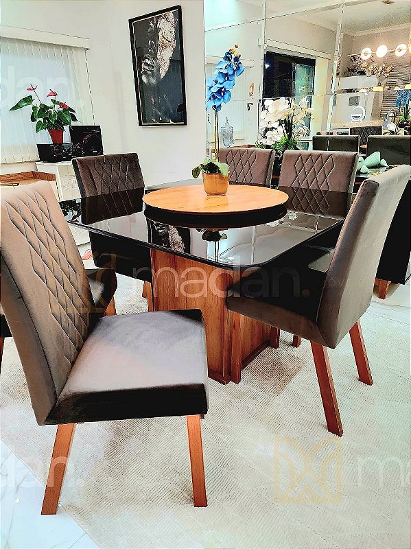 CONJUNTO MESA MARK 130X130 NOGUEIRA + 6 CADEIRAS MODELO 25 MARROM + PRATO GIRATÓRIO