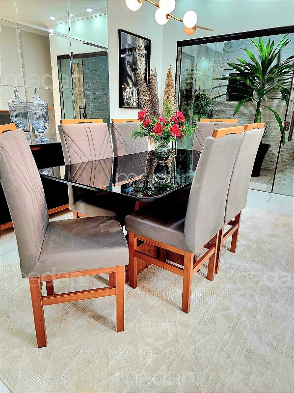 CONJUNTO MESA MARK 160X090 NOGUEIRA + 6 CADEIRAS MODELO 18 CINZA