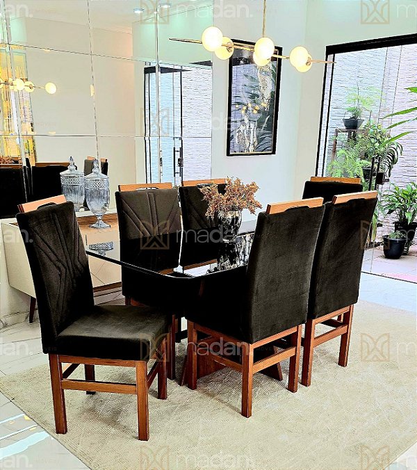 CONJUNTO MESA MARK 160X090 NOGUEIRA + 6 CADEIRAS MODELO 18 MARROM