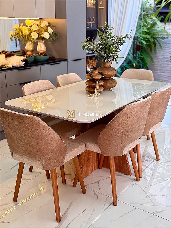 CONJUNTO MESA MARK 160X090 + 6 CADEIRAS MARK MODELO 30 CREME