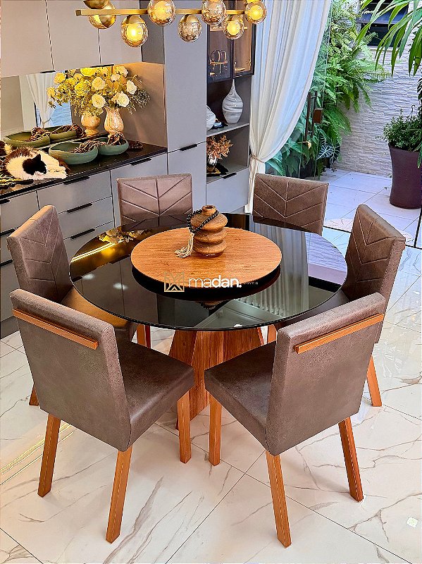 CONJUNTO MESA MARK REDONDA 130M + 6 CADEIRAS MARK MODELO 32 CINZA + PRATO GIRATORIO