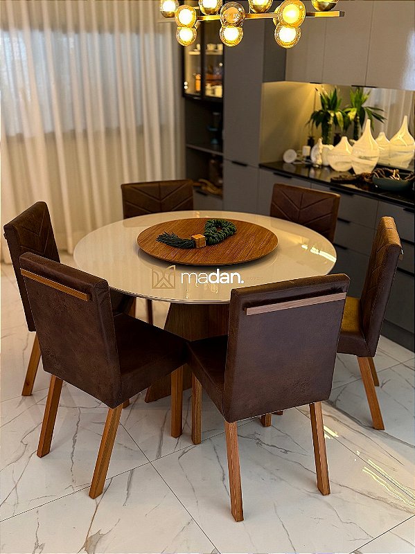 CONJUNTO MESA MARK REDONDA 130M + 6 CADEIRAS MARK MODELO 32 MARROM + PRATO GIRATORIO