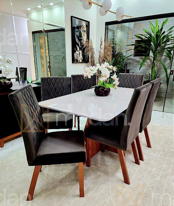 CONJUNTO MESA MARK 160X090 NOGUEIRA + 6 CADEIRAS MODELO 25 MARROM
