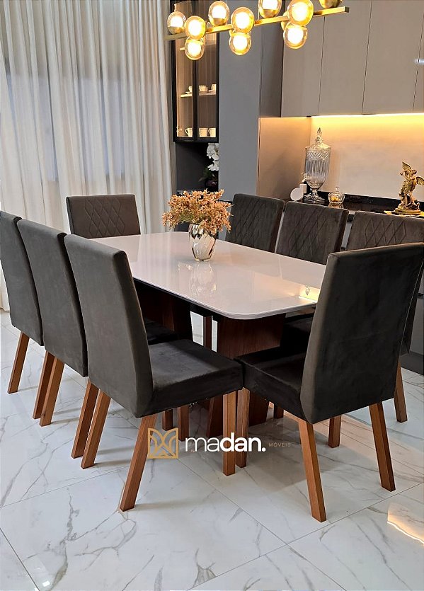 CONJUNTO MESA MARK 180X090 + 8 CADEIRAS MARK MODELO 25 MARROM