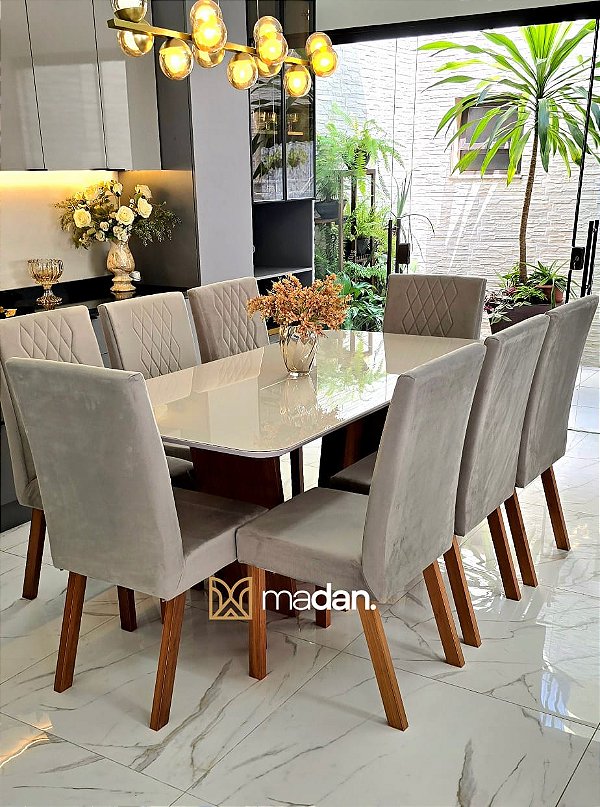 CONJUNTO MESA MARK 180X090 + 8 CADEIRAS MARK MODELO 25 CINZA