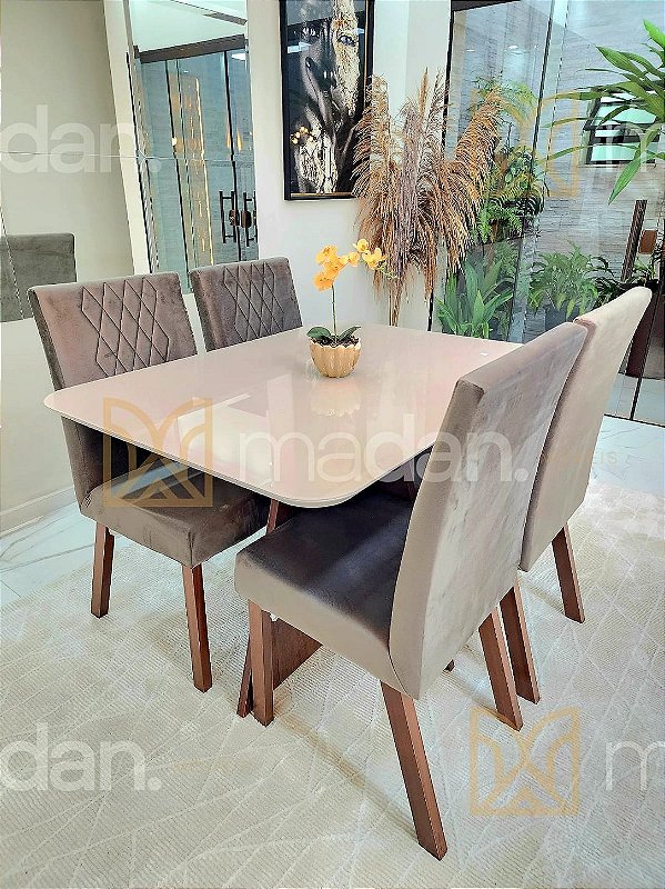 CONJUNTO MESA MARK 120X090 NOGUEIRA + 4 CADEIRAS MARK MODELO 25 CINZA