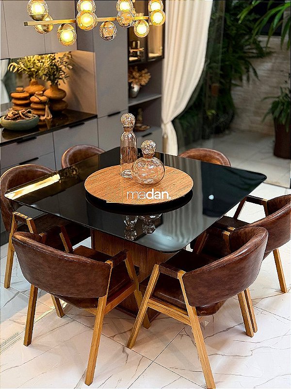 CONJUNTO MESA MARK 130X130 + 6 CADEIRAS AGATHA MARROM + PRATO GIRATÓRIO