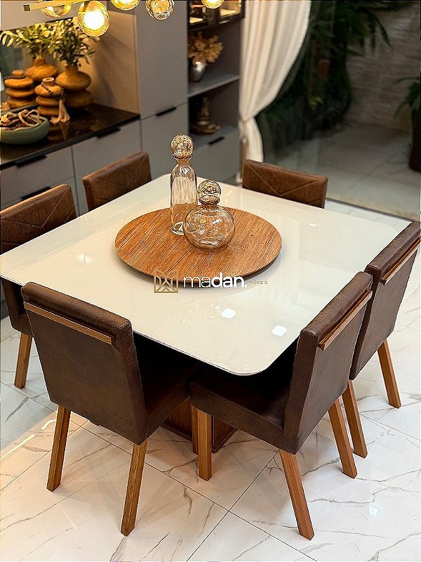 CONJUNTO MESA MARK 130X130 + 6 CADEIRAS MARK MODELO 32 MARROM + PRATO GIRATÓRIO