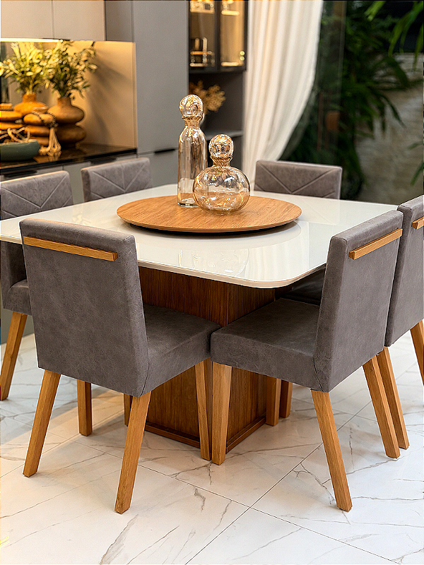 CONJUNTO MESA MARK 130X130 + 6 CADEIRAS MARK MODELO 32 CINZA + PRATO GIRATÓRIO