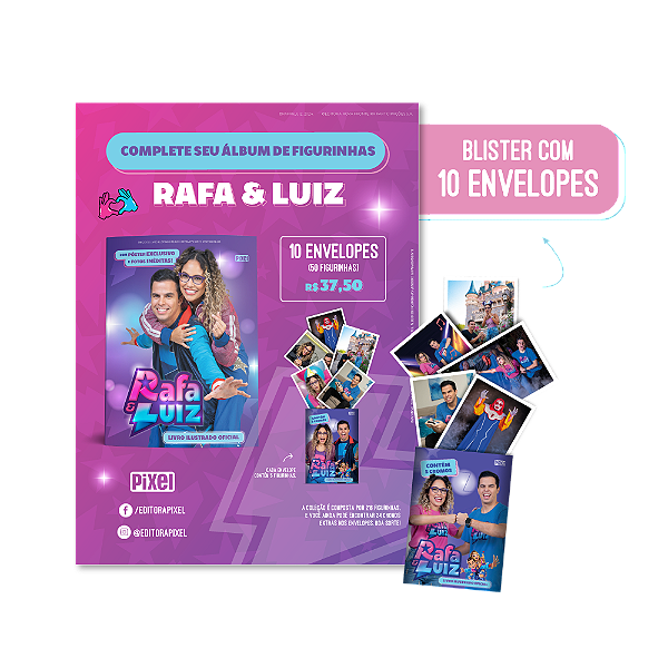 Kit de 10 envelopes com 50 cromos do Livro ilustrado oficial Rafa & Luiz