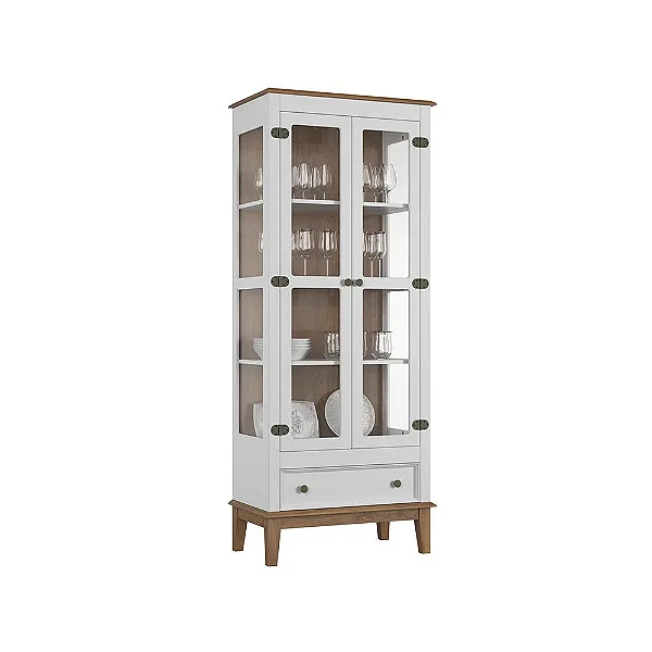 Cristaleira De Madeira Maciça 2 Portas + 1 Gaveta Branco - Fundo Amêndoa