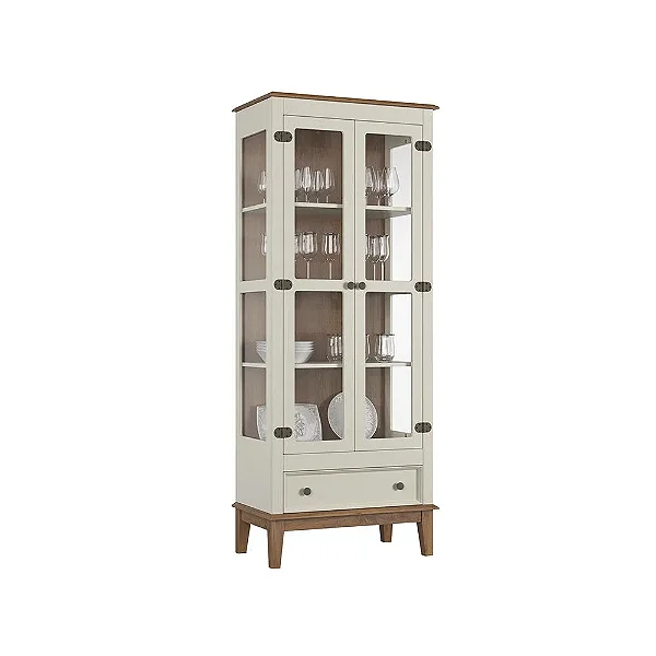 Cristaleira De Madeira Maciça 2 Portas + 1 Gaveta Off White - Fundo Amêndoa