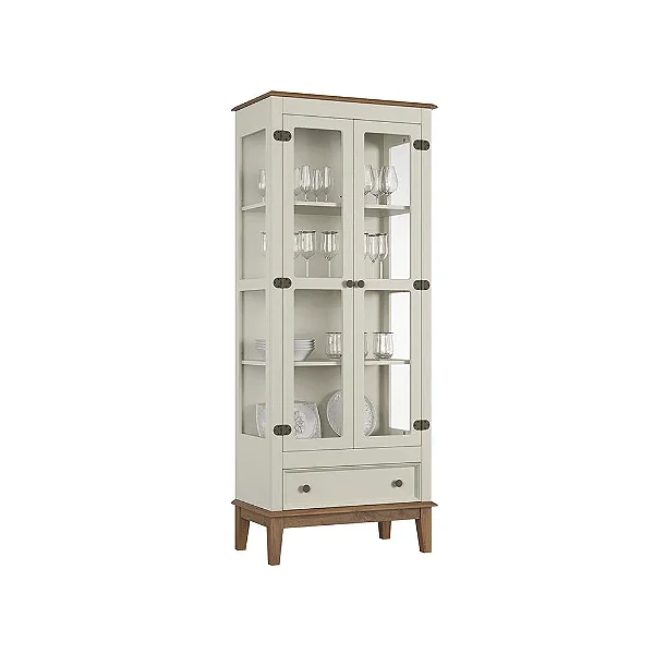 Cristaleira De Madeira Maciça 2 Portas + 1 Gaveta Off White