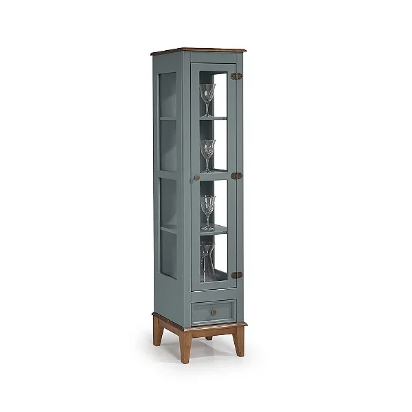 Cristaleira De Madeira Maciça 1 Porta + 1 Gaveta Cinza