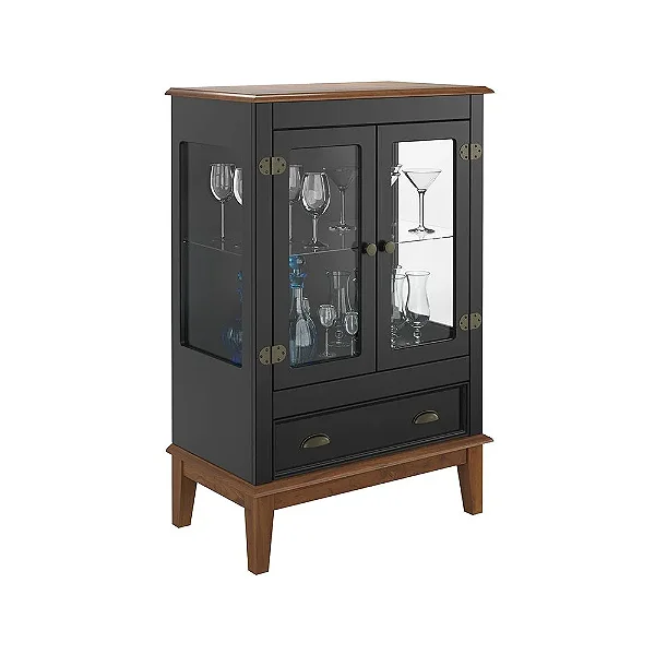 Mini Cristaleira De Madeira Maciça 2 Portas + 1 Gaveta Preto
