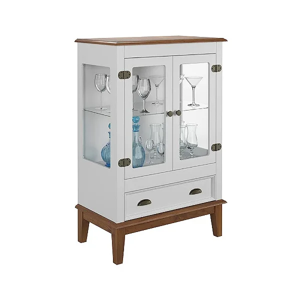 Mini Cristaleira De Madeira Maciça 2 Portas + 1 Gaveta Branco