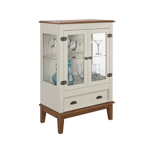 Mini Cristaleira De Madeira Maciça 2 Portas + 1 Gaveta Off White