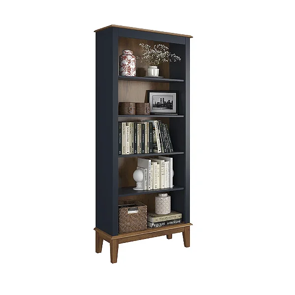 Estante de Madeira Maciça 4 Prateleiras Azul Petróleo - Fundo Amêndoa