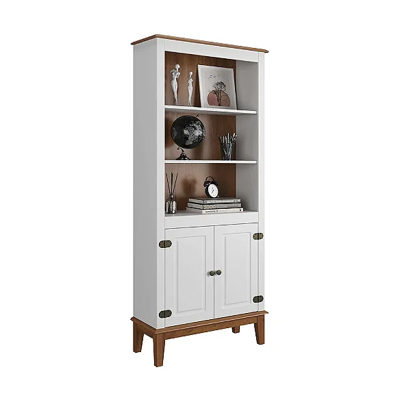 Estante de Madeira Maciça 2 Portas Branco - Fundo Amêndoa