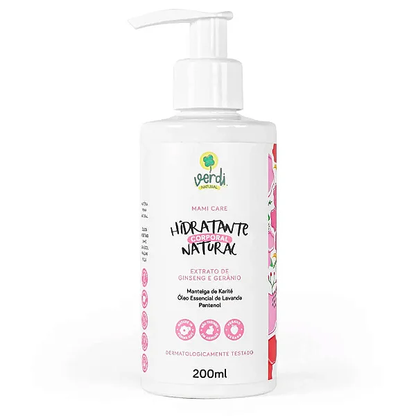 Hidratante Corporal Natural Ginseng e Geranio, Manteiga de Karitê, óleo essencial de Lavanda e Pantenol  200ml - Verdi
