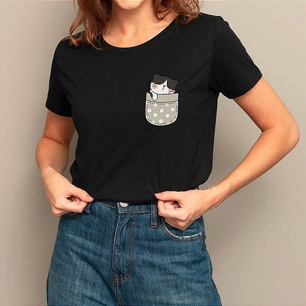 T-Shirt estampada Gatinho no Bolso - Preta